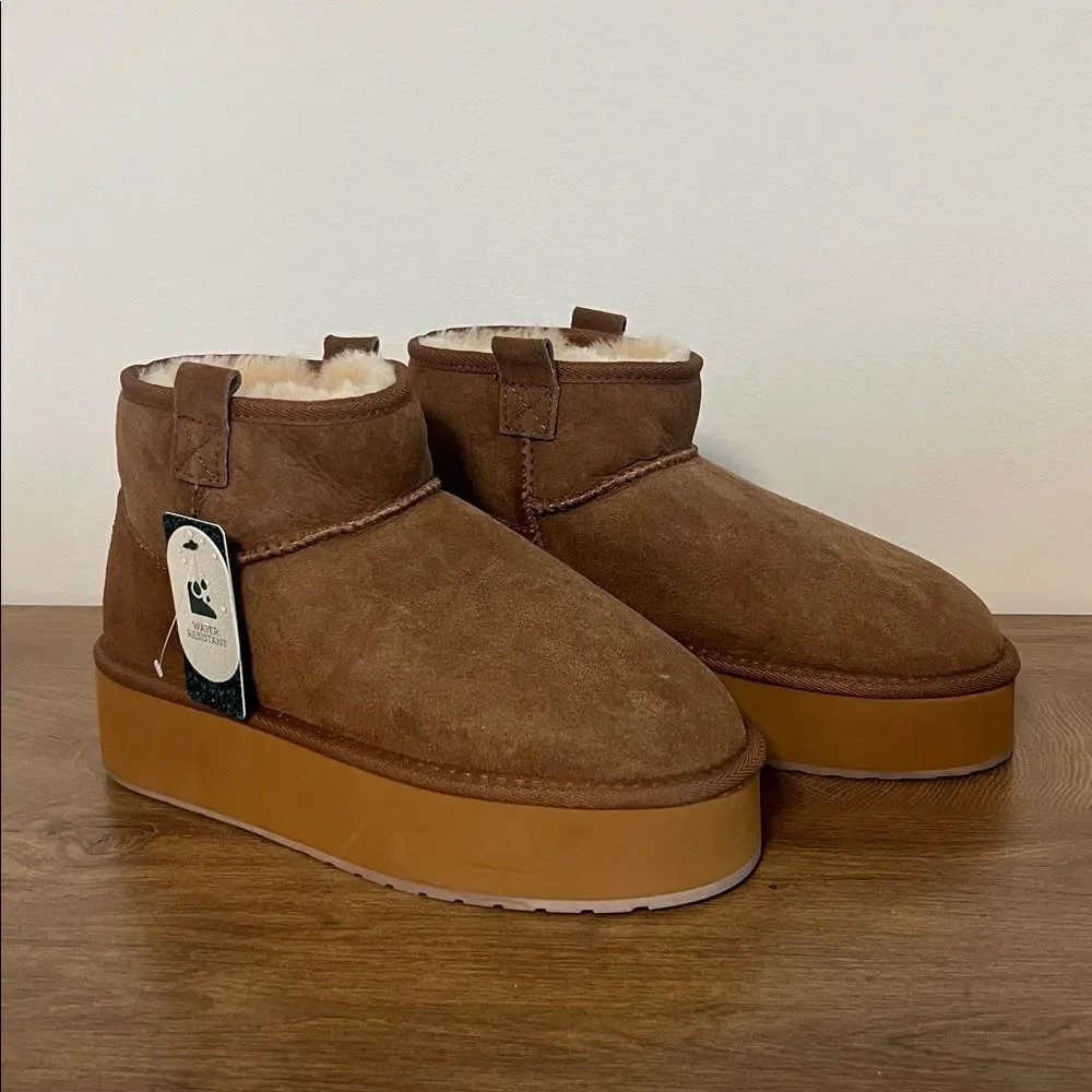 Emu Australia Stinger Micro Flatform Sheepskin Booties Slipper Boots Brown 9